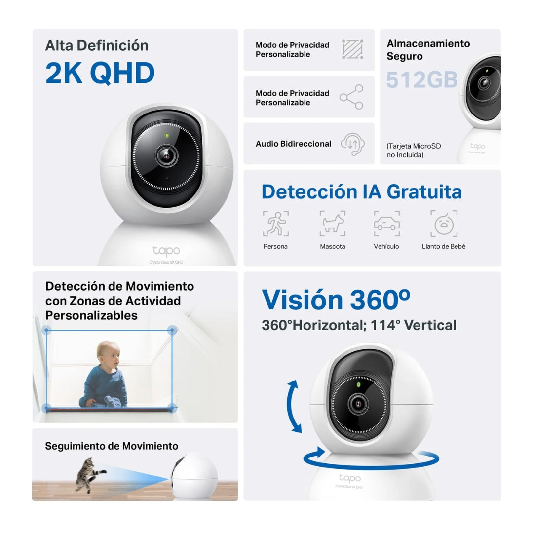 Camara Tapo 2K QHD WiFi Giro Horizontal 360grados 114 Vertical Deteccion Mascota y Llanto de Bebe con IA sensor movimiento audio de 2 vias Tapo C220