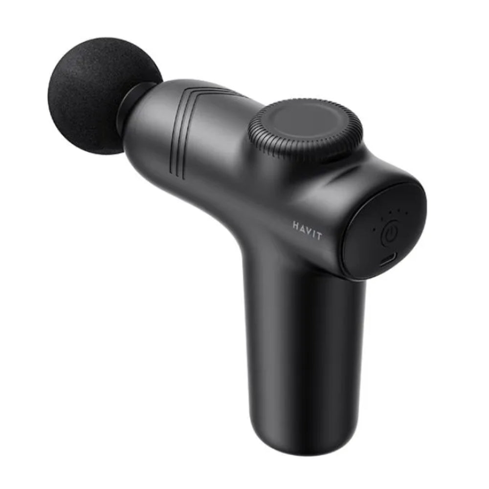 Mini Pistola de Masaje Havit Bajo Nivel de Ruido y Apagado Inteligente con 4 Cabezales y 5 Velocidades hasta 3000 RPM puerto de carga USB-C MG1508