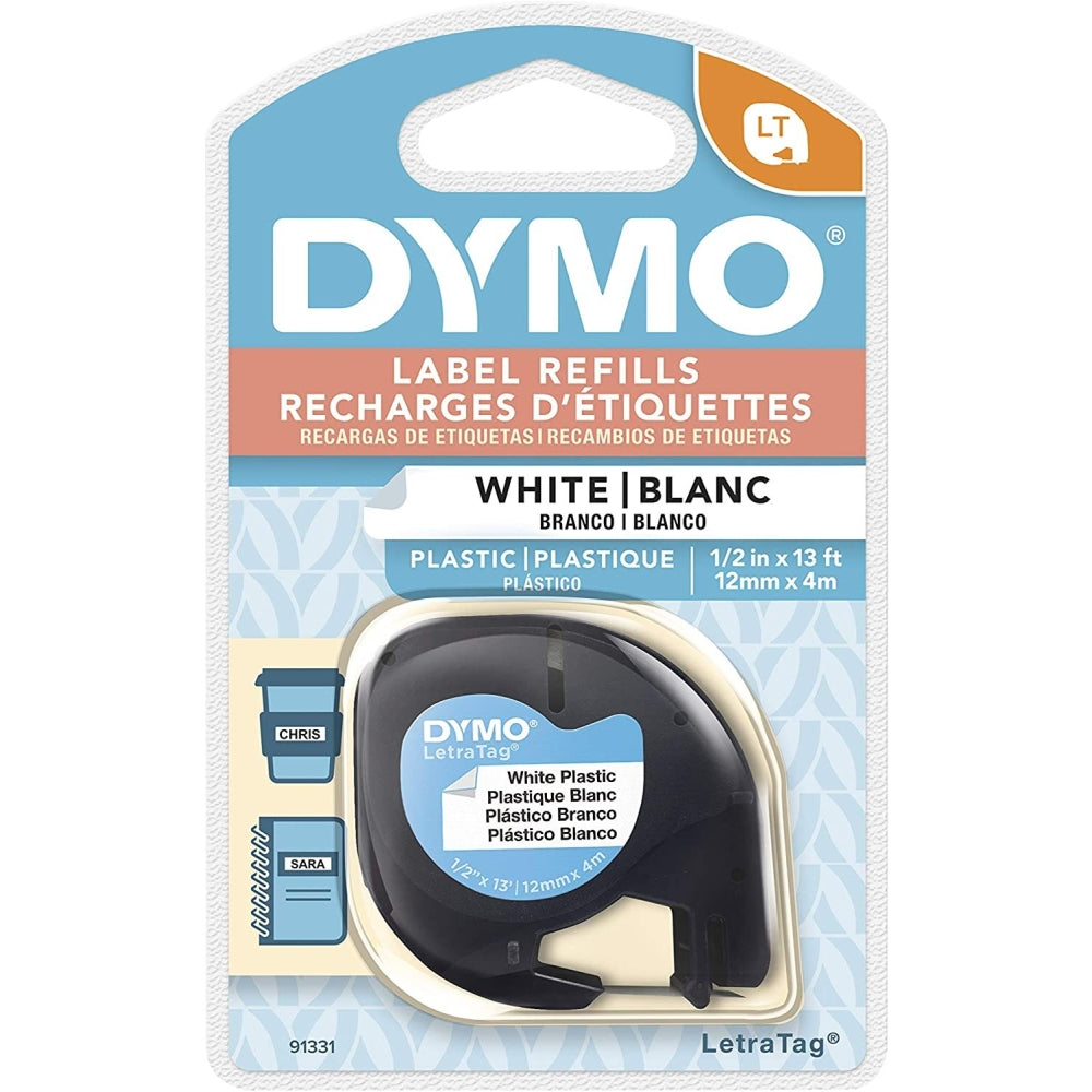 Cinta Dymo Letratag Plastico texto Negro fondo Blanco 12mm x 4m 91331