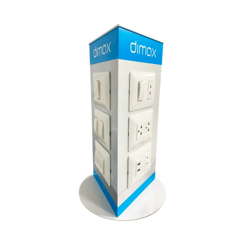 Mostrador Dimax Triangular Incluye distintos modelos de Enchufes e Interruptores Dimax Z014