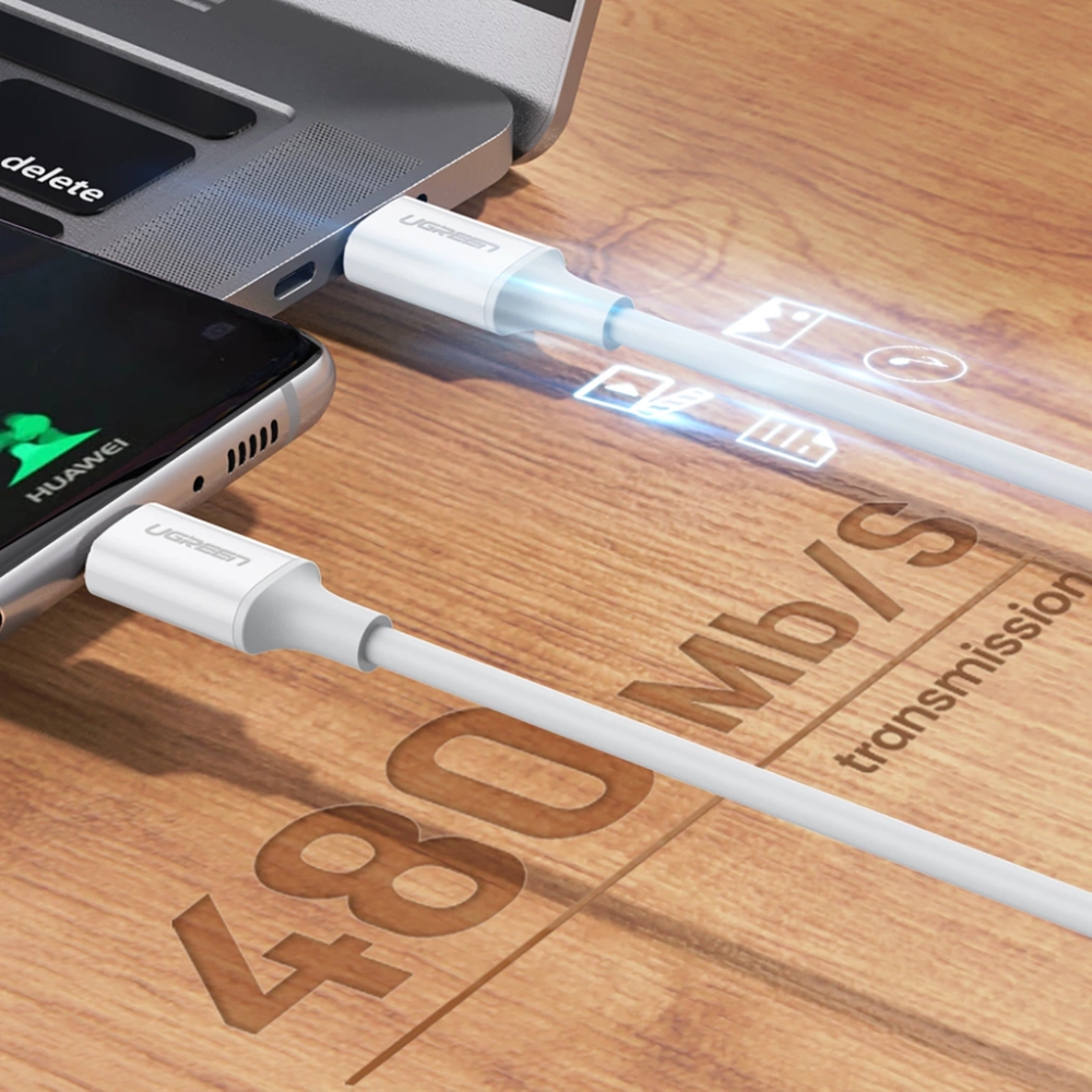 Cable Ugreen USB-C a USB-C 60W 3Amp Transferencia de Datos hasta 480Mbps de 1M de Longitud color Blanco 60518