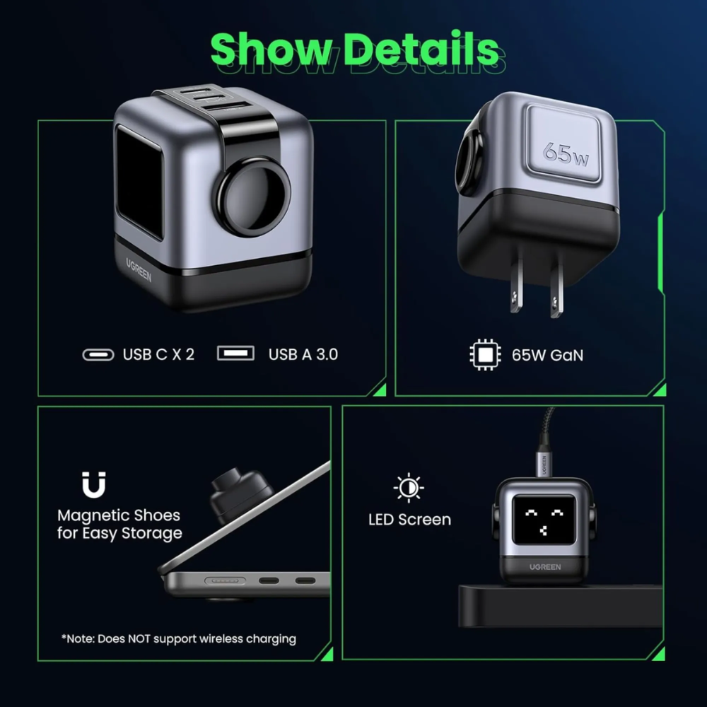 Cargador Ugreen USB-C 65W Nexode Robot GaN con Pantalla LED y Botas Magneticas Extraibles 1xUSB-A 3.0 y 2xUSB-C color Gris 15570