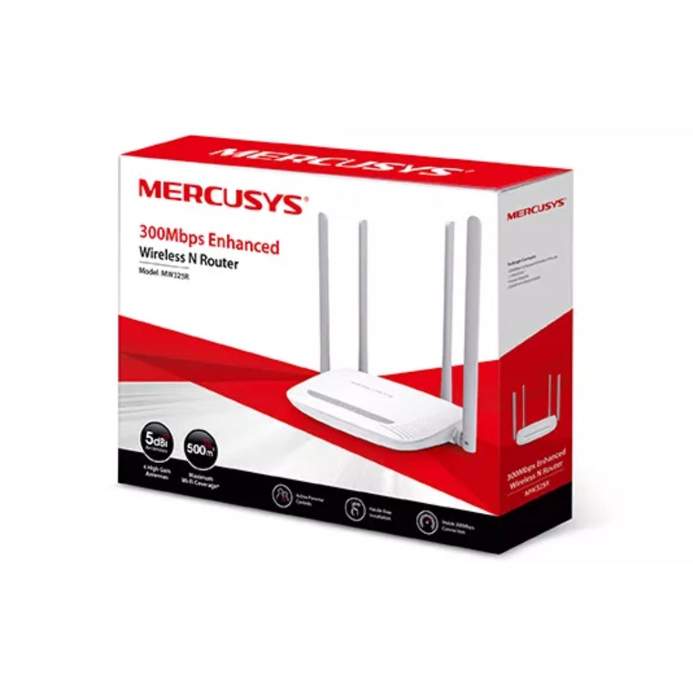 Router Mercusys Inalambrico N300 1WAN 4LAN 10/100Mbps 4 Antenas Fijas 5dBi Control Parental MIMO 2x2 MW325R