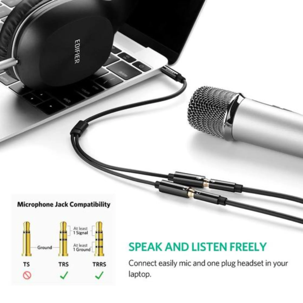 Cable de Audio Ugreen 3.5mm Macho a 2 Hembra con Adaptador de Audio y Microfono Individual 30620