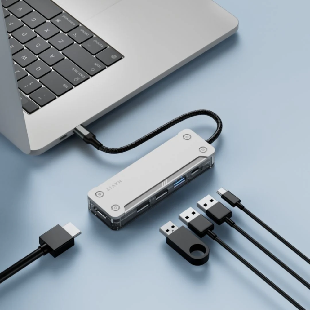 Hub USB-C Havit 5en1 2xUSB-A 2.0, 1xUSB-A 3.0, 1xUSB-C 3.1, 1xHDMI 4K Carcasa de Aluminio+ABS Transparente HB4020-SV