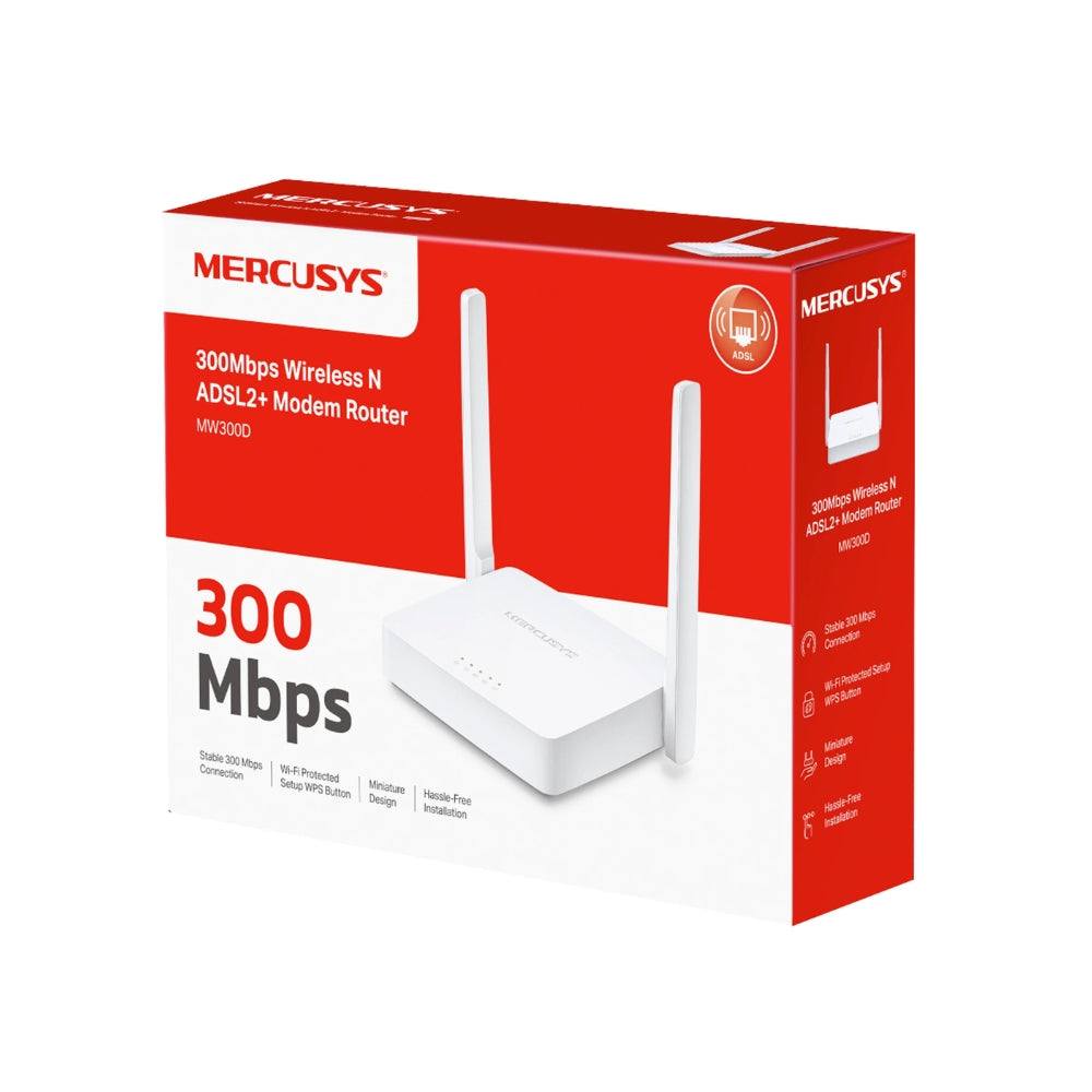 Modem Mercusys Router Inalambrico MW300D ADSL2+ N300 1WAN 3LAN 10/100Mbps 2 Antenas Externas 5dBi Boton WPS MW300D