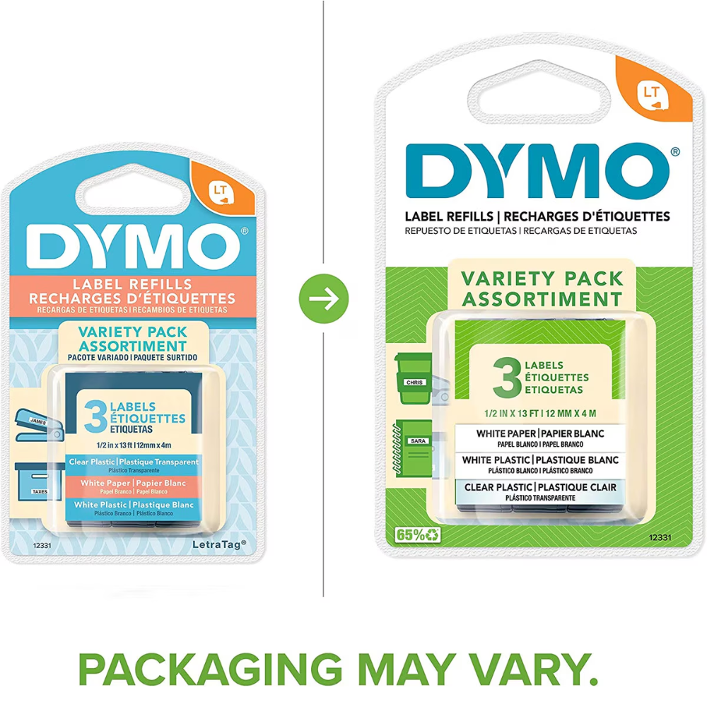 Kit 3 Piezas Cinta Dymo Letratag 1xPlastico Blanco 1xPlastico Transparente 1xPapel Blanco 12mm x 4m 12331