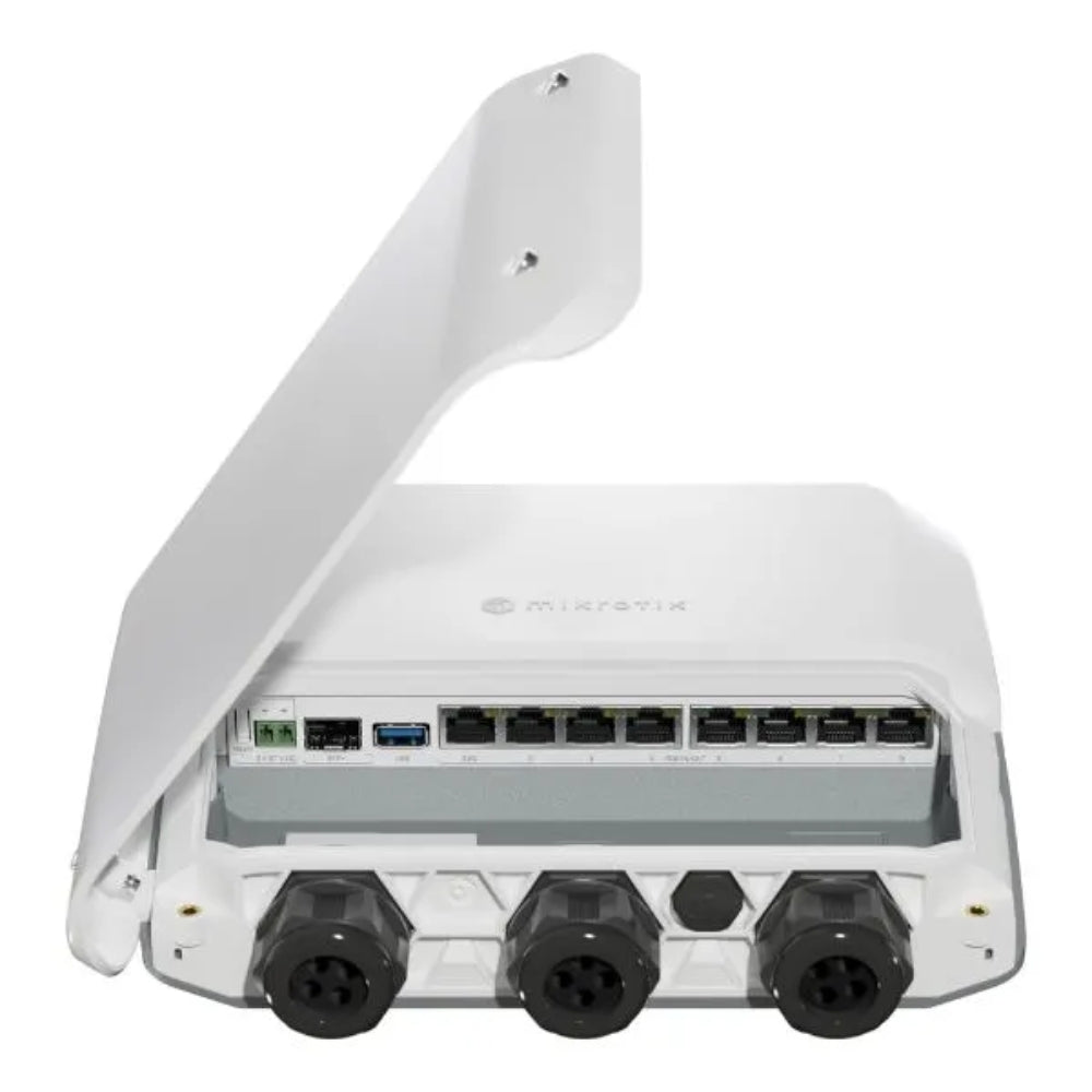 Router Board Mikrotik para Exterior 7 Puertos Gigabit + 1 Puerto SFP 2.5G CPU Quad Core ARMv8 1.4GHz RAM 1GB DDR4 Soporta PoE In Licencia Nivel 5 RB5009UPr+S+OUT