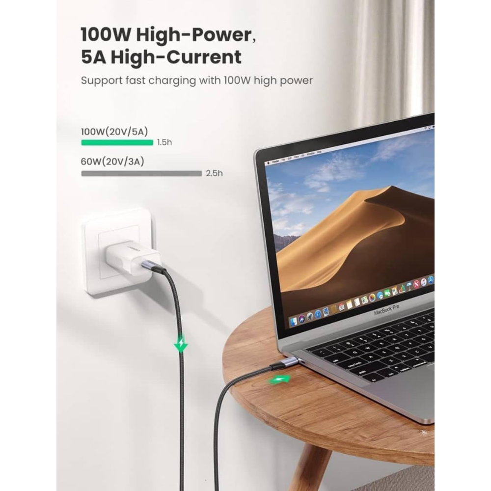Cable USB-C 3.2 Gen2 Ugreen Tipo C a C de 1metro 100Watts 5Amp Transferencia hasta 10Gbps Thunderbolt 3 80150 80150