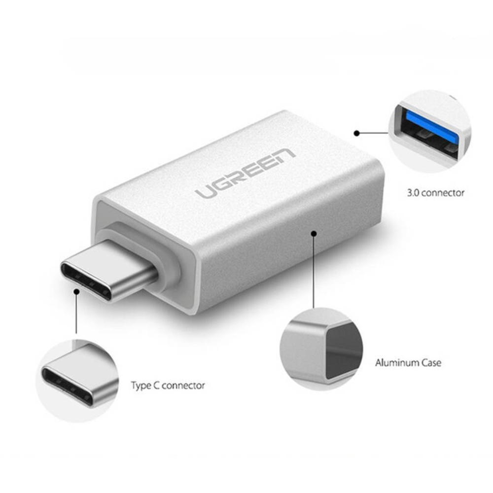Adaptador Ugreen USB-C 3.1 a USB-A 3.0 compatible con Iphone y Ipad color Blanco 30155