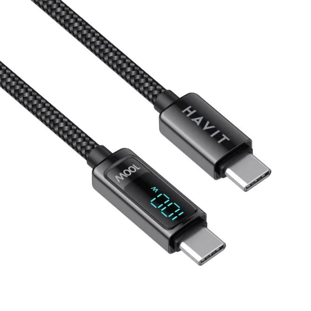 Cable Havit de carga USB-C a USB-C Soporta 20V 5Amp 100Watts con Pantalla para ver la carga Longitud 2 Metros CB6247-BLACK