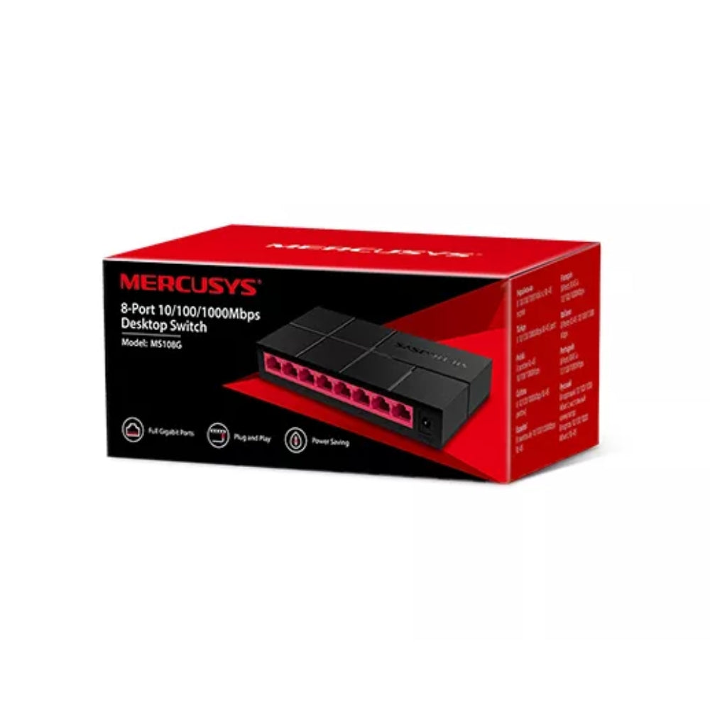 Switch Mercusys 8 Puertos 10/100/1000Mbps Para Escritorio o Montarlo en Pared Plug and Play MS108G