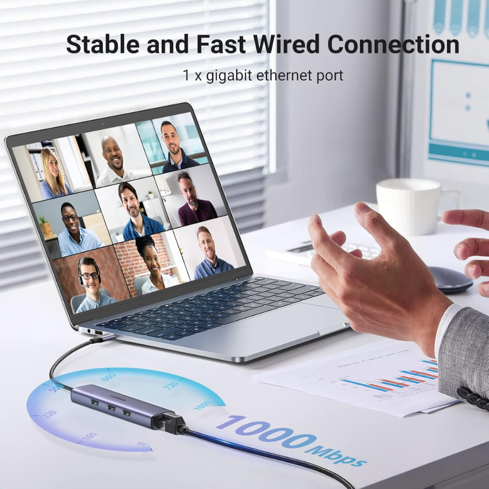 Hub USB-C a 3 Puertos USB-A 3.0 hasta 5Gbps 1 Puerto Ethernet Gigabit Diseño en ALuminio 60600