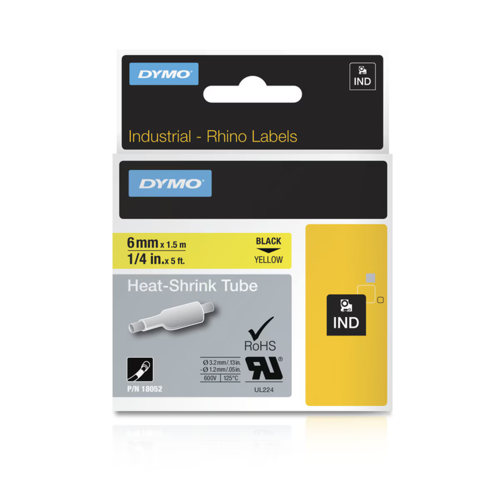 Cinta Dymo Rhino Industrial Termocontraible texto Negro fondo Amarillo 6mm x 1.5m 18052