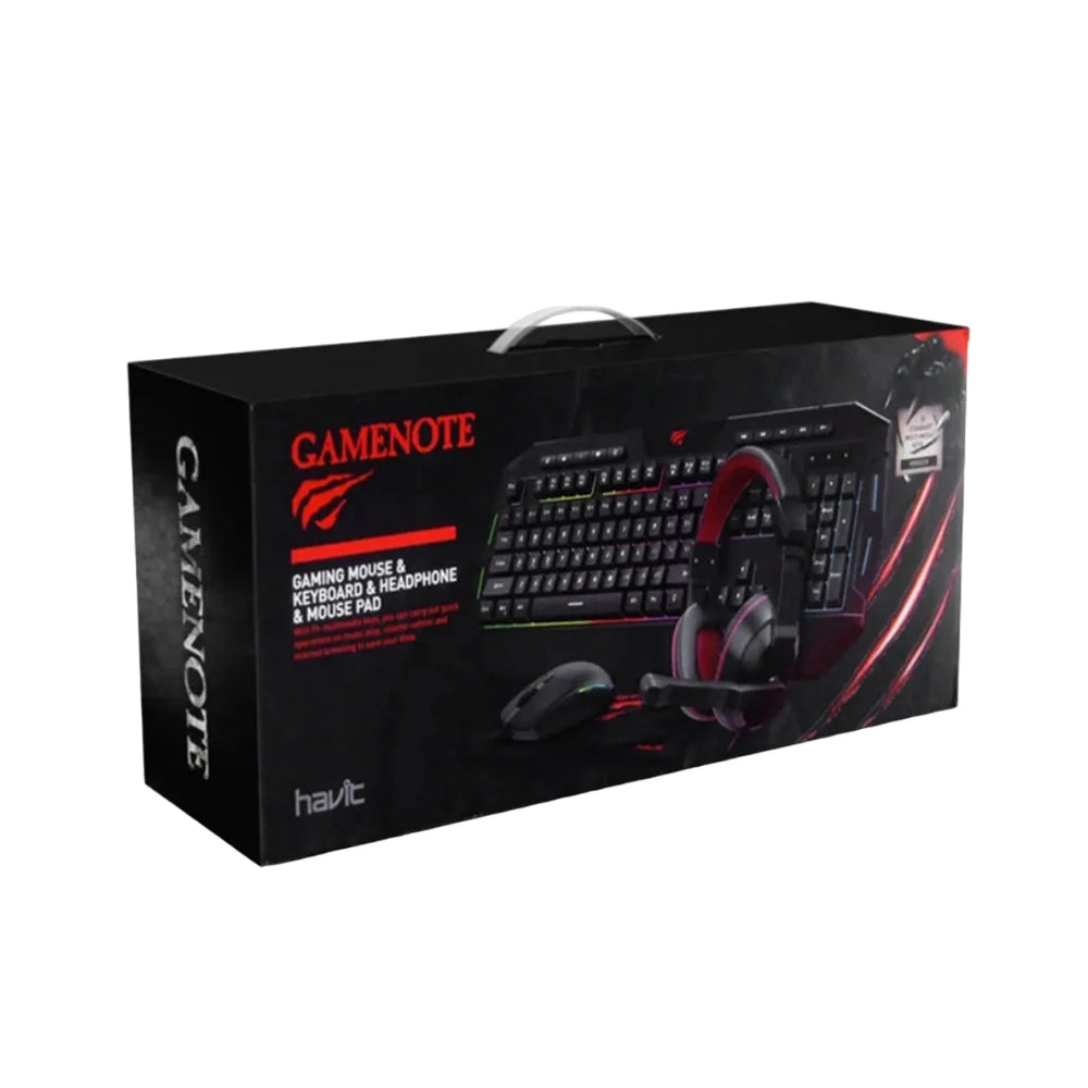 Combo Gamer Havit 4en1 Mouse 2400DPI Auricular con Altavoz magnetico de 40mm Teclado con Luces y Mouse Pad KB501CM