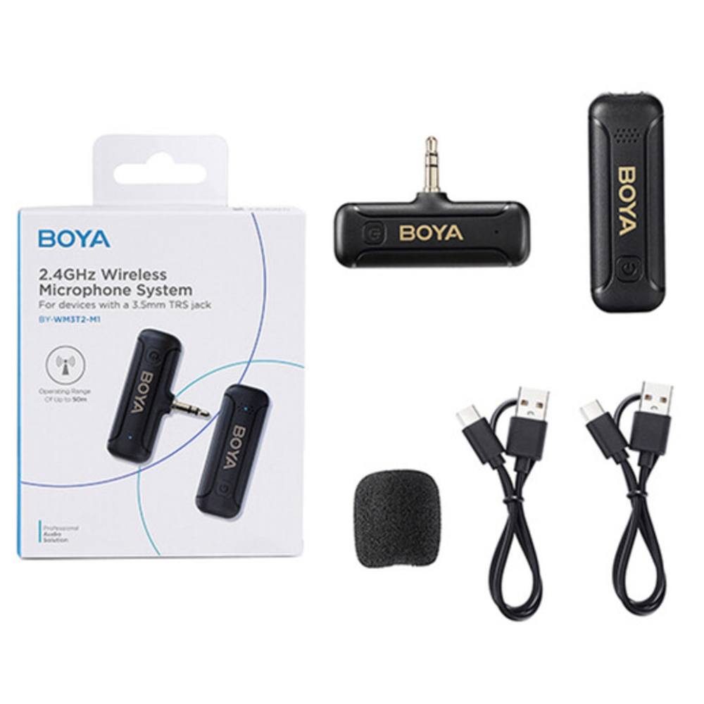 Microfono Inalambrico Boya Ultracompacto Sistema Doble Canal Omnidireccional Cancelacion de Ruido Conector Jack 3.5mm BY-WM3T2-M1
