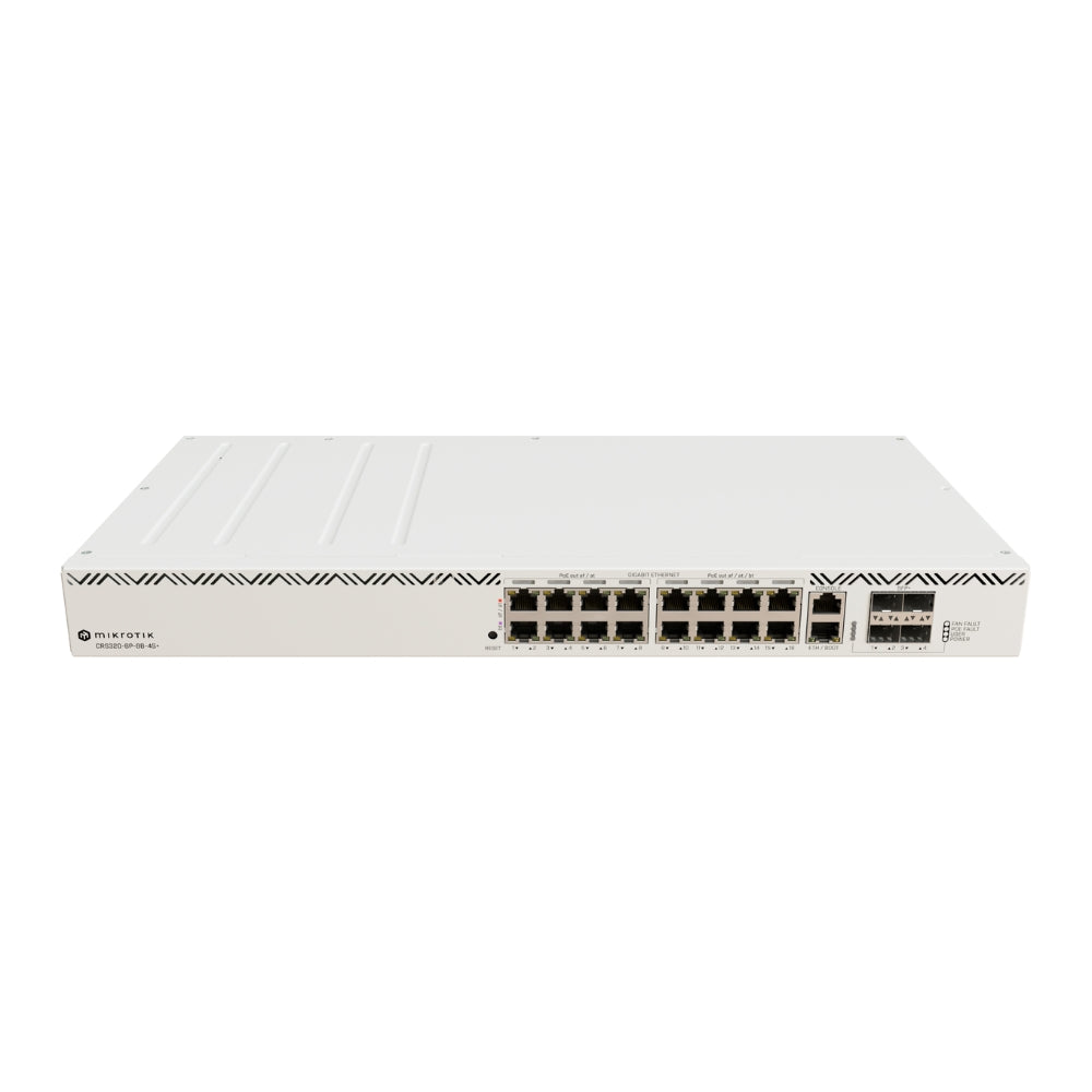 Cloud Router Mikrotik Switch Capa 3 con 8 Puertos Gigabit PoE + 8 Puertos Gigabit PoE++ y 4 Puertos SFP 10G Maximo 1150W hasta 90W por Puerto RouterOS v7 CRS320-8P-8B-4S+RM