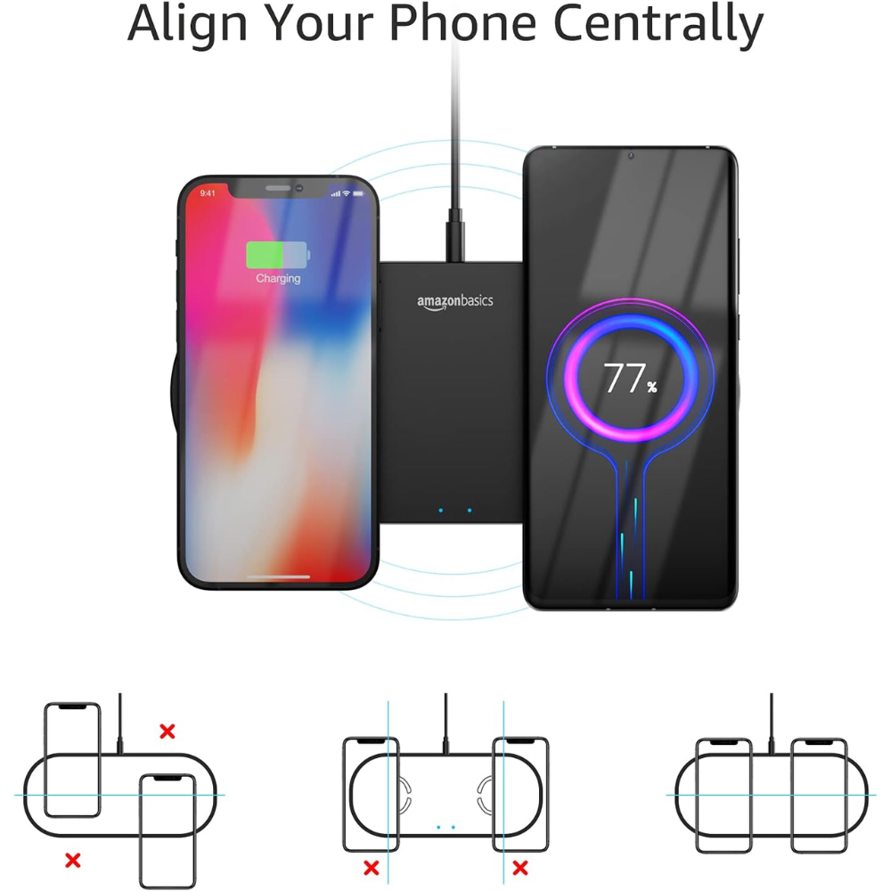 Cargador Inalambrico Doble Amazon 2x10Watts Incluye Adaptador AC color Negro B0872QFB34