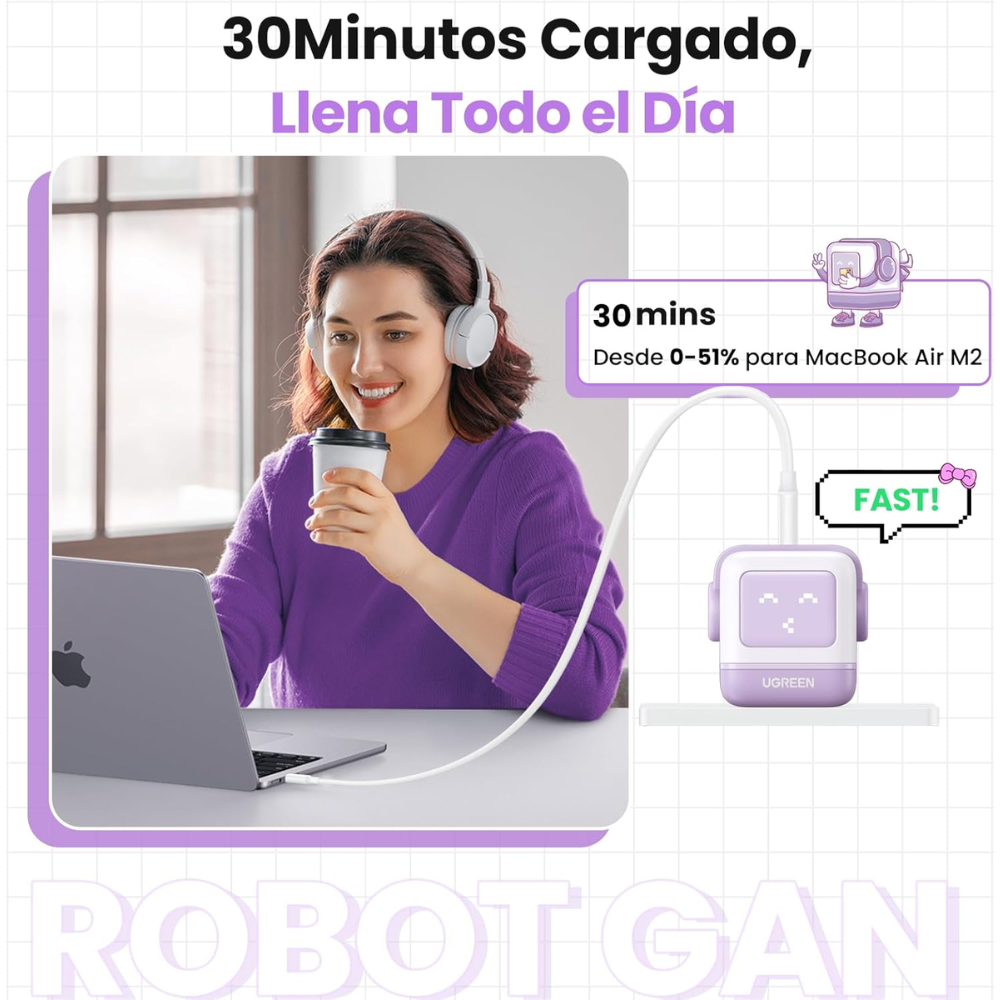 Cargador Ugreen USB-C 65W Nexode Robot GaN con Pantalla LED y Botas Magneticas Extraibles 1xUSB-A 3.0 y 2xUSB-C color Purpura 35314