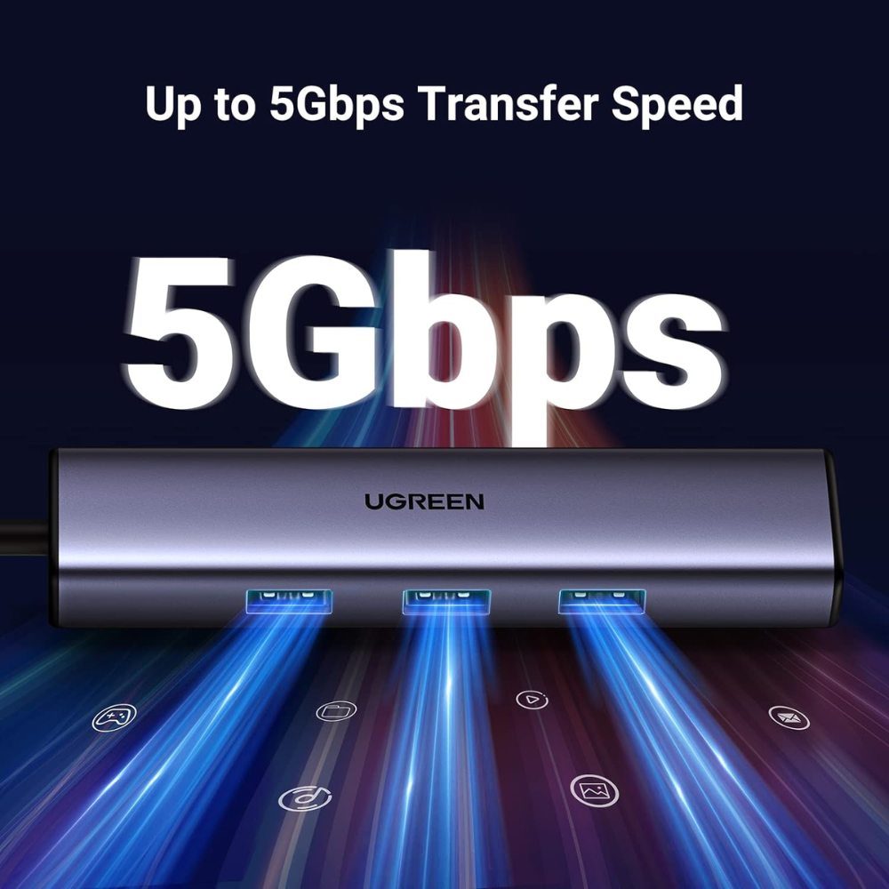 Hub USB-C a 3 Puertos USB-A 3.0 hasta 5Gbps 1 Puerto Ethernet Gigabit Diseño en ALuminio 60600