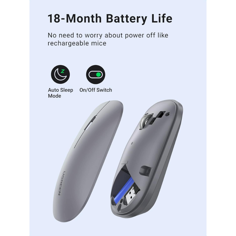 Mouse Ugreen Inalambrico 2.4GHz Ultra Slim hasta 4000 DPI color Gris 90373