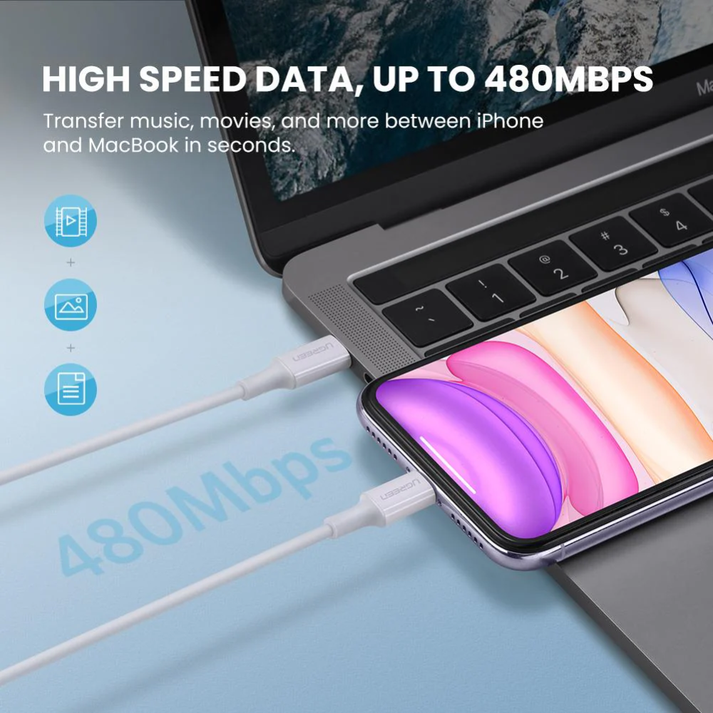 Cable Ugreen de Carga para Iphone MFI Certificado USB-C a Lightning PD20W Carga Rapida Velocidad hasta 480Mbps 10493