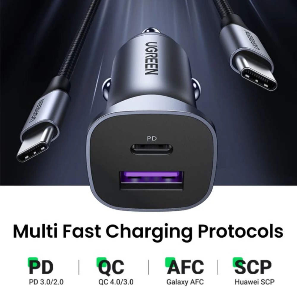 Cargador Ugreen de Vehiculo Puerto USB-A PD30W+SCP22.5W Puerto USB-C 42.5W Maximo Soporta PD QC 3.0 con Proteccion Electrica 40858