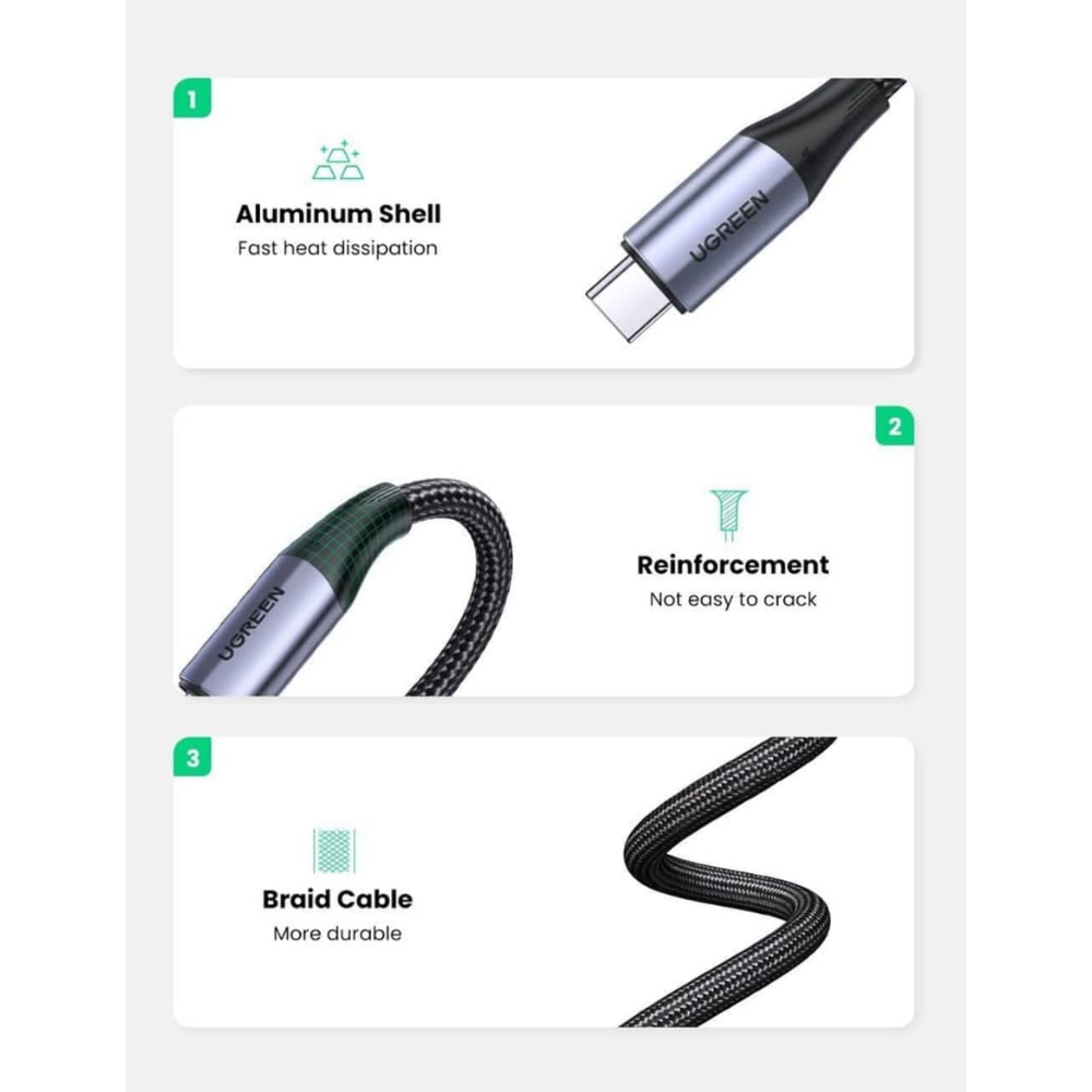Cable USB-C 3.2 Gen2 Ugreen Tipo C a C de 1metro 100Watts 5Amp Transferencia hasta 10Gbps Thunderbolt 3 80150 80150