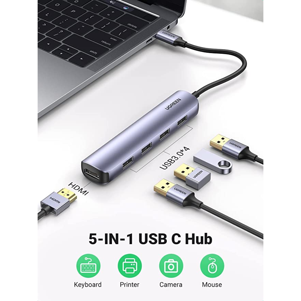 Hub USB-C Ugreen 5en1 4xUSB-A 3.0 y 1xHDMI Modo Dual 4K 30Hz Soporte 3D Amplia Compatibilidad 20197