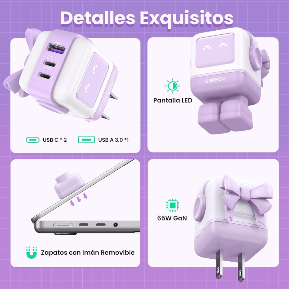 Cargador Ugreen USB-C 65W Nexode Robot GaN con Pantalla LED y Botas Magneticas Extraibles 1xUSB-A 3.0 y 2xUSB-C color Purpura 35314