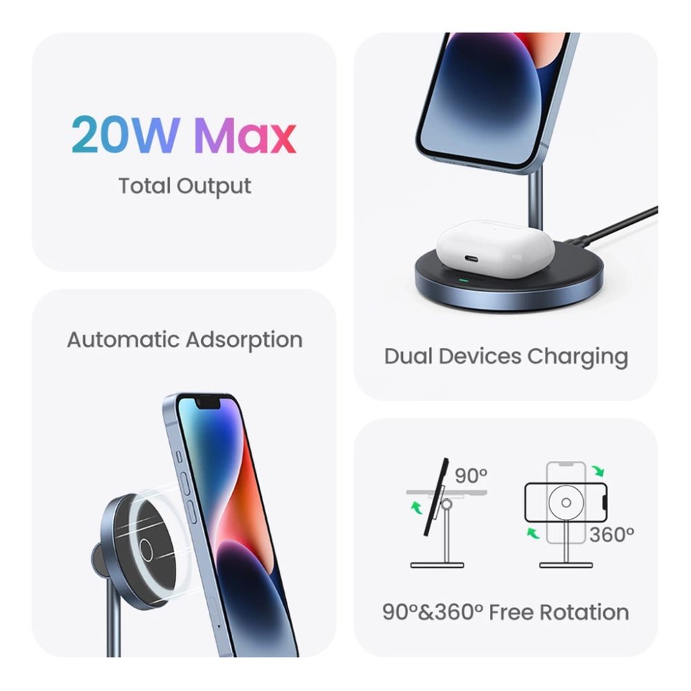 Soporte Ugreen de Carga Magnetica 2 en 1 con Cable USB-C Rotacion 360 Grados 90668
