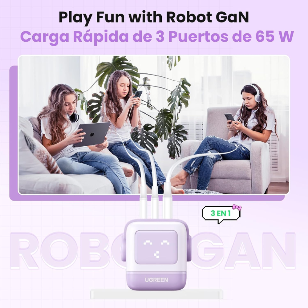 Cargador Ugreen USB-C 65W Nexode Robot GaN con Pantalla LED y Botas Magneticas Extraibles 1xUSB-A 3.0 y 2xUSB-C color Purpura 35314