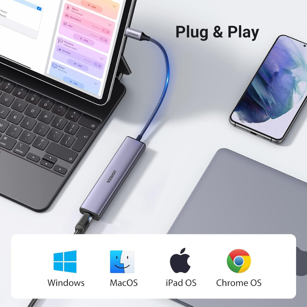 Hub USB-C a 3 Puertos USB-A 3.0 hasta 5Gbps 1 Puerto Ethernet Gigabit Diseño en ALuminio 60600