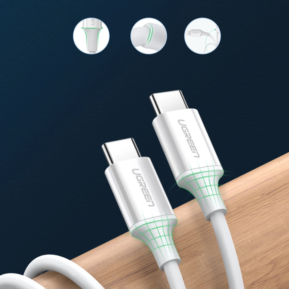 Cable Ugreen USB-C a USB-C 60W 3Amp Transferencia de Datos hasta 480Mbps de 1M de Longitud color Blanco 60518