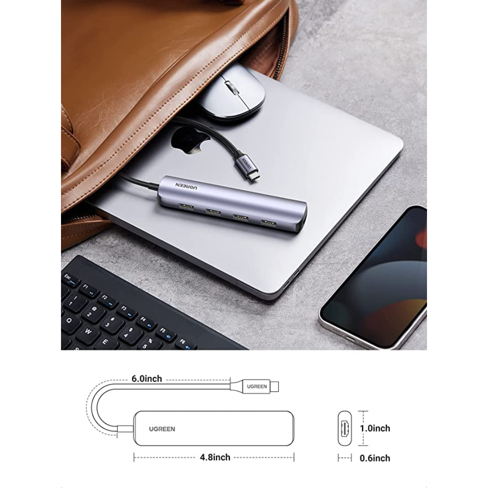 Hub USB-C Ugreen 5en1 4xUSB-A 3.0 y 1xHDMI Modo Dual 4K 30Hz Soporte 3D Amplia Compatibilidad 20197