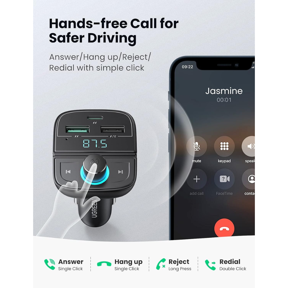 Transmisor Bluetooth Ugreen 5.0 para Vehiculo 1 Puerto USB-C QC3.0 Carga Rapida 2 Puertos USB-A PD20W 80910