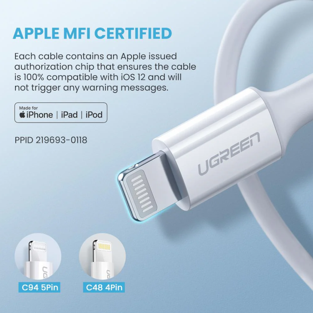 Cable Ugreen de Carga para Iphone MFI Certificado USB-C a Lightning PD20W Carga Rapida Velocidad hasta 480Mbps 10493