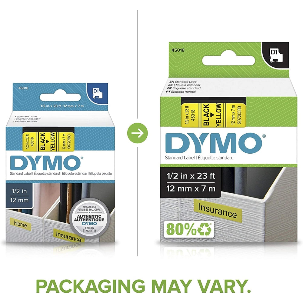 Cinta Dymo D1 Labelmanager Standard texto Negro fondo Amarillo 12mm x 7m 45018