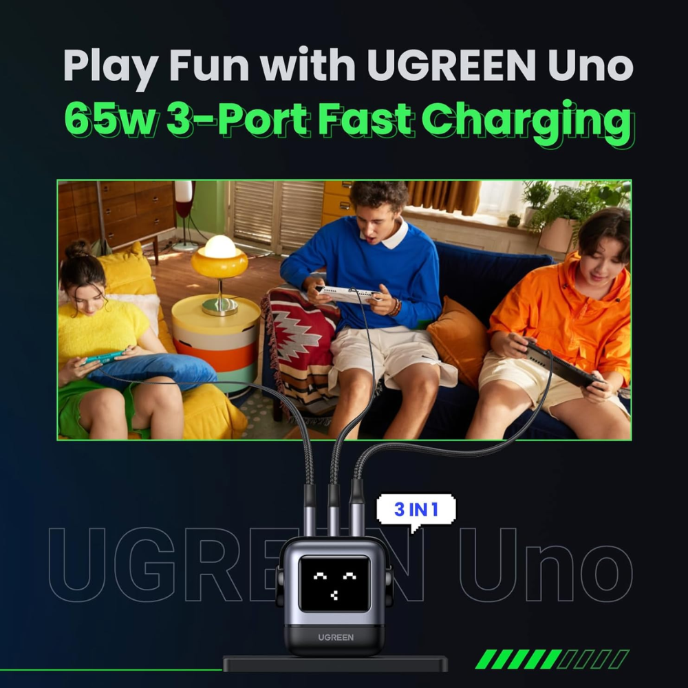 Cargador Ugreen USB-C 65W Nexode Robot GaN con Pantalla LED y Botas Magneticas Extraibles 1xUSB-A 3.0 y 2xUSB-C color Gris 15570