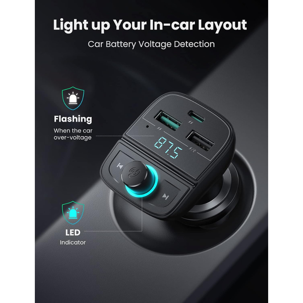 Transmisor Bluetooth Ugreen 5.0 para Vehiculo 1 Puerto USB-C QC3.0 Carga Rapida 2 Puertos USB-A PD20W 80910