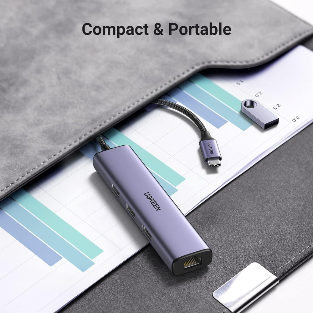 Hub USB-C a 3 Puertos USB-A 3.0 hasta 5Gbps 1 Puerto Ethernet Gigabit Diseño en ALuminio 60600