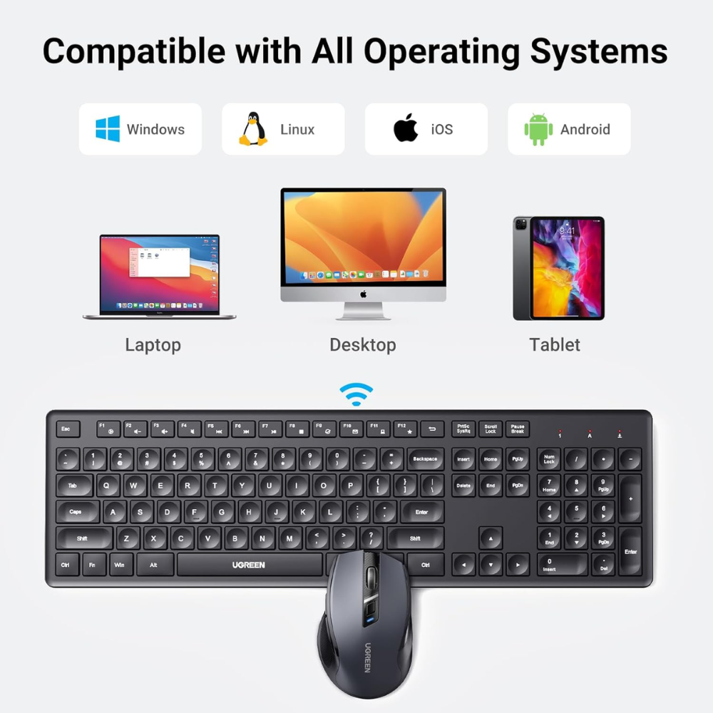 Combo Teclado + Mouse Ugreen Inalambrico 2.4GHz Diseño Ergonomico y Silencioso hasta 4000 DPI compatible con Windows y MAC 35740
