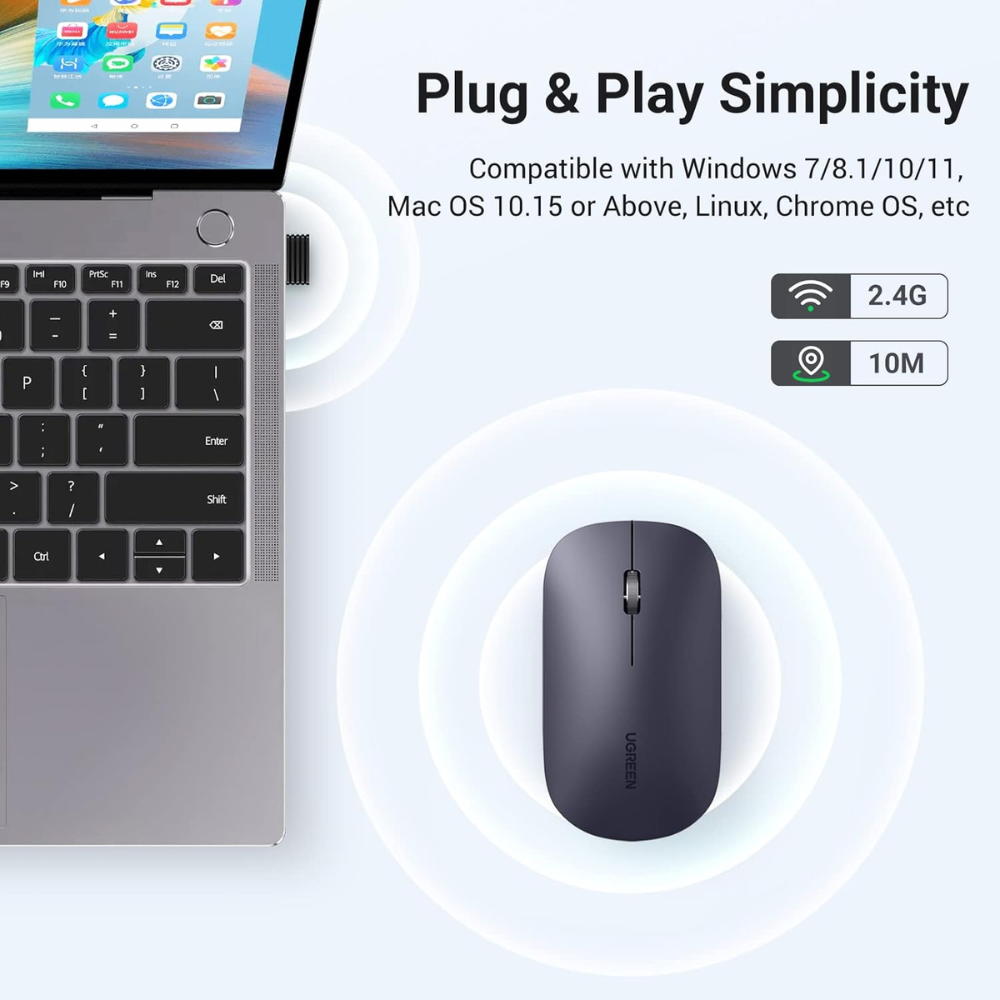 Mouse Ugreen Inalambrico 2.4GHz Ultra Slim hasta 4000 DPI Bluetooth 5.0 con 5 Botones color Negro 90372