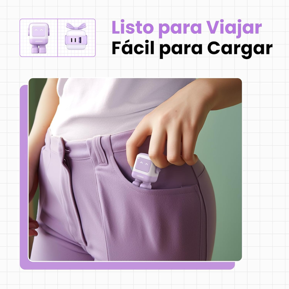 Cargador Ugreen USB-C 65W Nexode Robot GaN con Pantalla LED y Botas Magneticas Extraibles 1xUSB-A 3.0 y 2xUSB-C color Purpura 35314