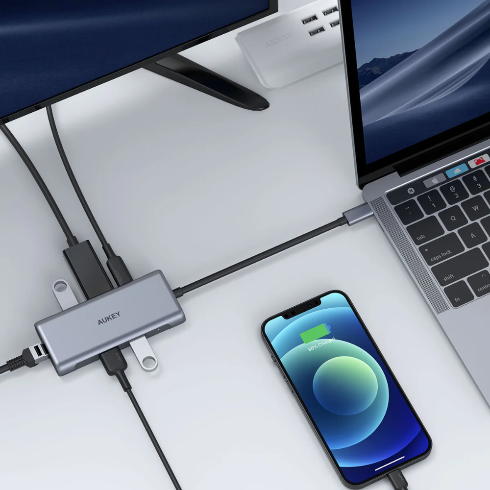 Hub UBS-C Aukey 6en1 100Watts HDMI 4K USB-A USB-C Ethernet CB-C75