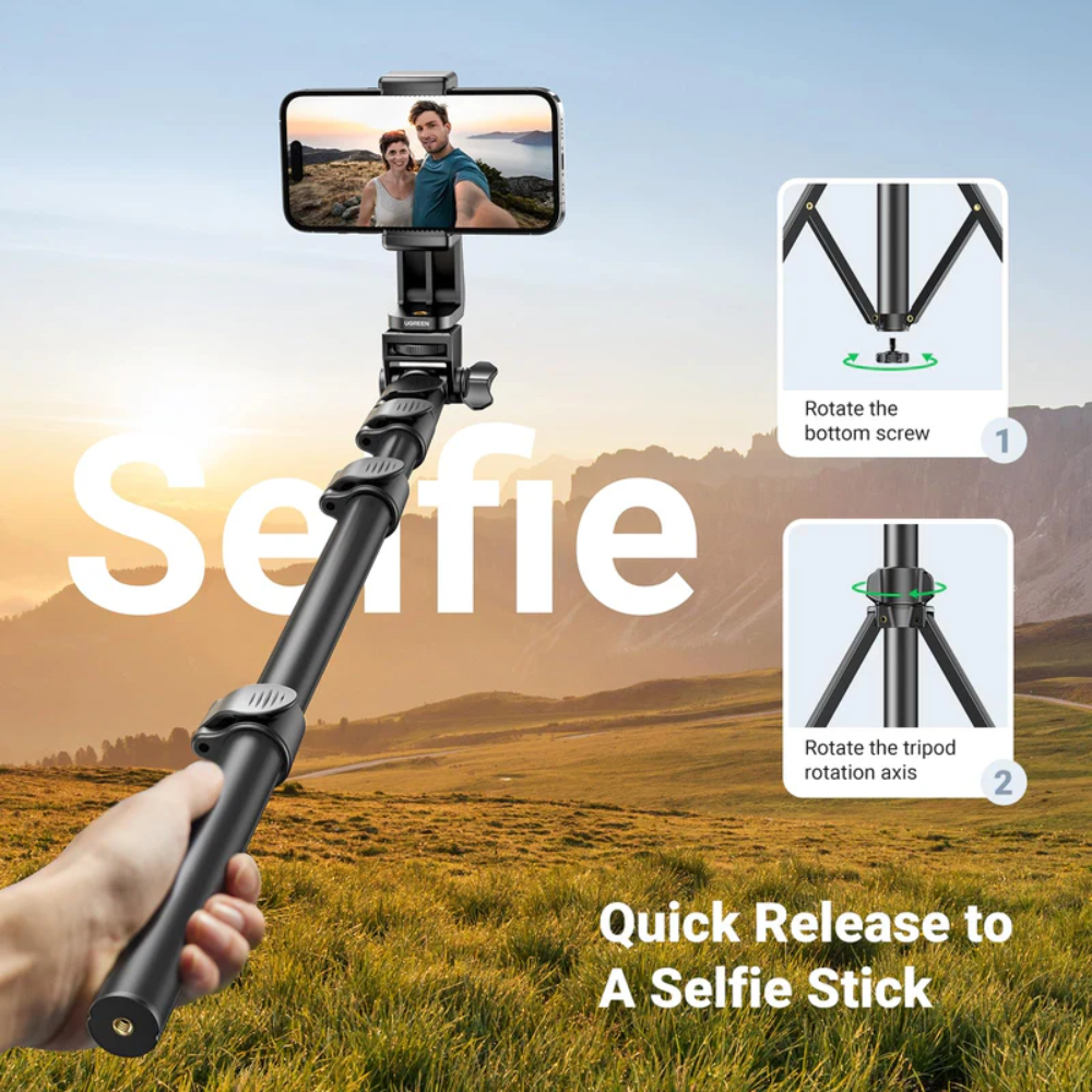 Palo Selfie Ugreen Tripode con Bluetooth Altura Maxima 177cm Angulo Ajustable y Rotacion de Cabeza 360 grados Rotacion de Cuello 190 grados 15609