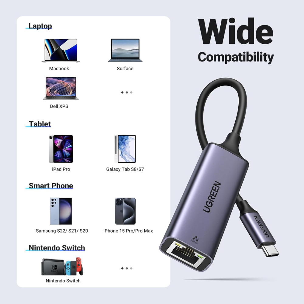 Adaptador USB-C Ugreen a Red Ethernet 10/100/1000Mbps Compatibilidad Amplia 50737