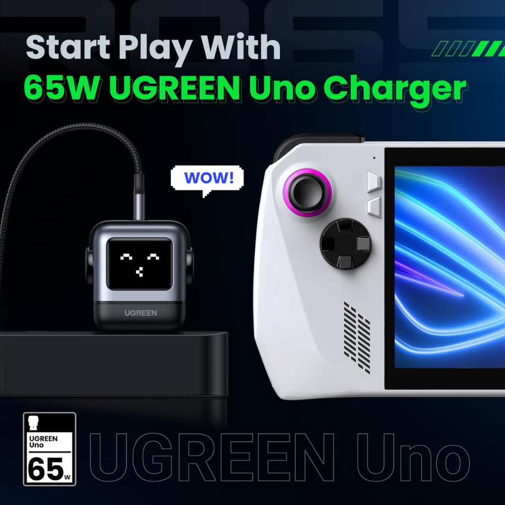 Cargador Ugreen USB-C 65W Nexode Robot GaN con Pantalla LED y Botas Magneticas Extraibles 1xUSB-A 3.0 y 2xUSB-C color Gris 15570