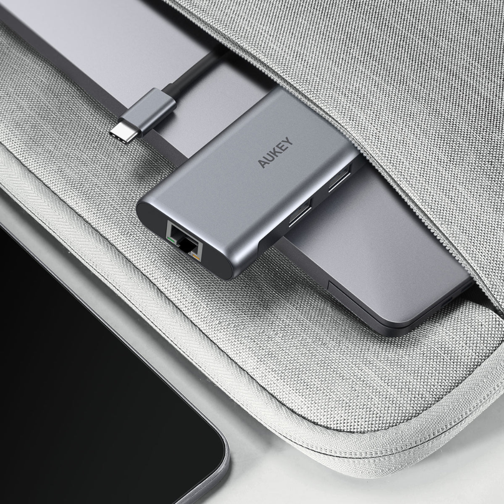 Hub UBS-C Aukey 6en1 100Watts HDMI 4K USB-A USB-C Ethernet CB-C75