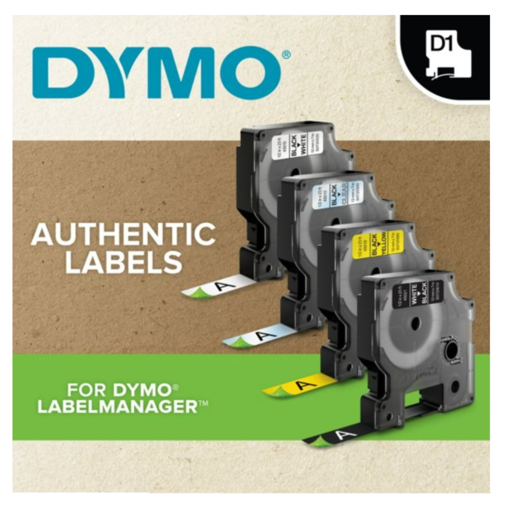 Cinta Dymo D1 Labelmanager Standard color texto Negro fondo Blanco 12mm x 7m 45013